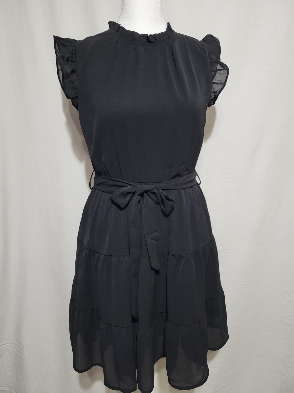 Black Ruffle Sleeve Tie-Waist Dress